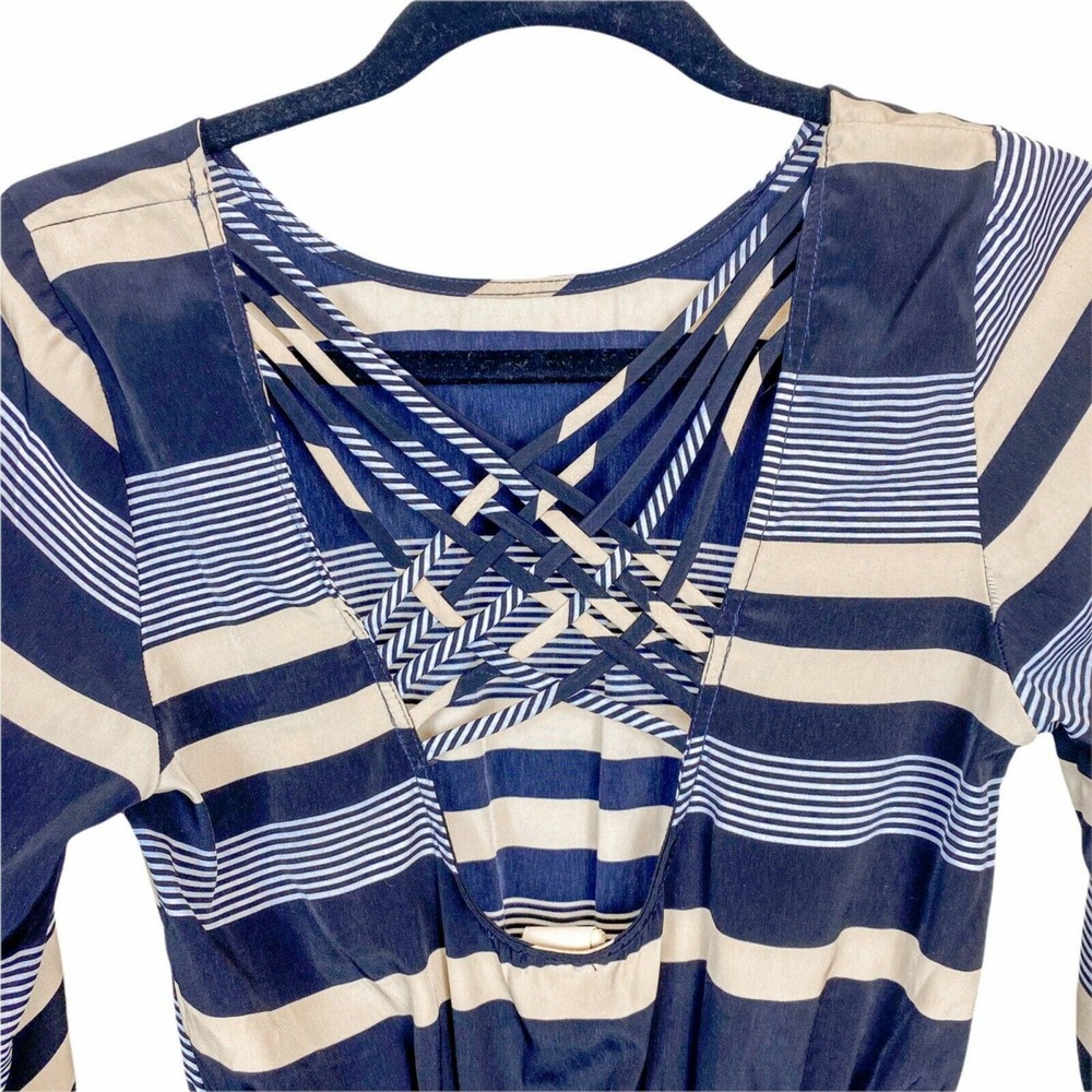 Anthropologie Needle & Thread Dress Blue Long Sleeve Gold Stripes - Picture 8 of 12